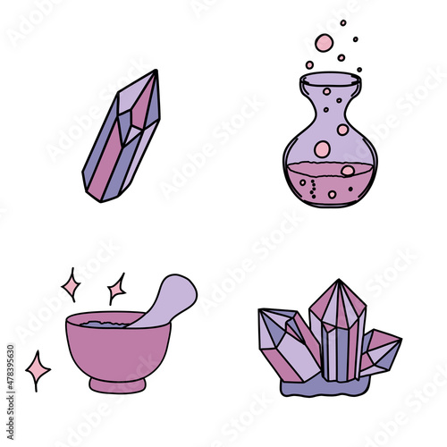Magic objects for witch that used in alchemical medicine. Set of vector illustrations isolated on white. Witchcraft esoteric symbols, magician boho collection, mystery celestial clip art in doodle