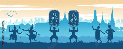 Asean scenery country background of Thailand with famous temple and Thai ancient show,vector illustration