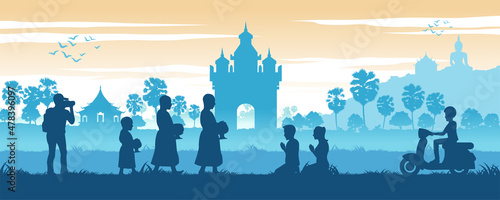 Asean scenery country background of Loas with famous gate and temple while monks ask for food and tourist takes photos,vector illustration