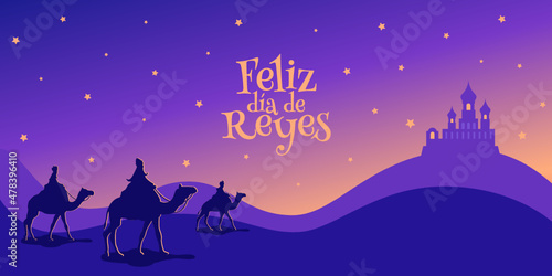 Tarjeta de felicitación de Reyes Magos. Tres reyes llegando a Belén.