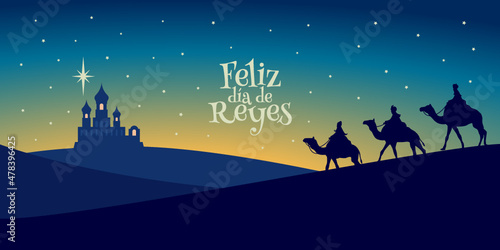 Tarjeta de felicitación de Reyes Magos. Tres reyes llegando a Belén.