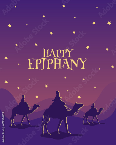 Tarjeta de felicitación de Reyes Magos. Tres reyes viajando a Belén. Happy Epiphany