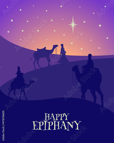 Tarjeta de felicitación de Reyes Magos. Tres reyes siguiendo la estrella. Happy Epiphany