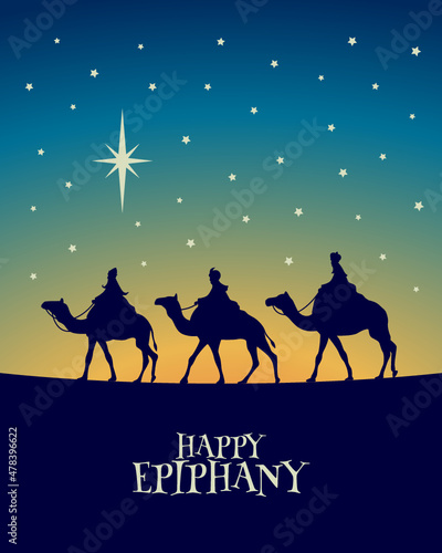 Tarjeta de felicitación de Reyes Magos. Tres reyes viajando a Belén. Happy Epiphany