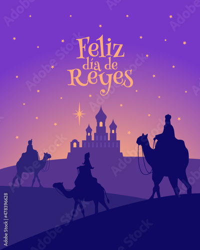 Tarjeta de felicitación de Reyes Magos. Tres reyes llegando a Belén.