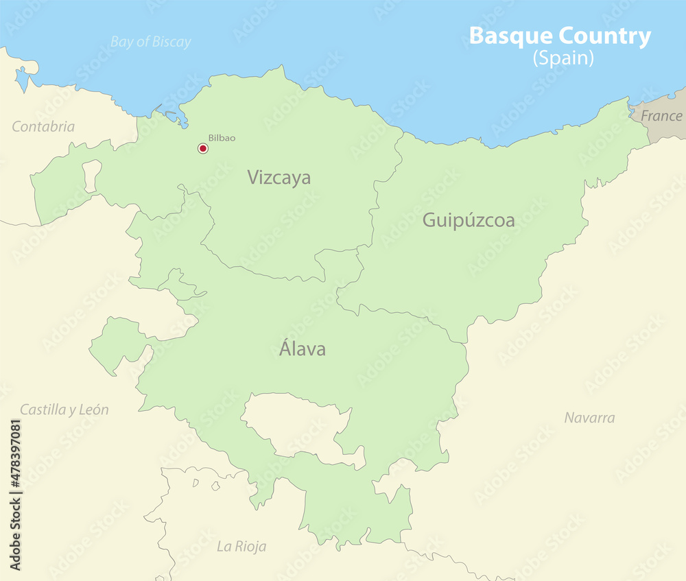 Basque Country (Spain) map colored, neighboring states and provinces with names vector