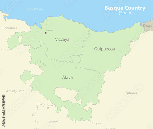 Basque Country (Spain) map colored, neighboring states and provinces with names vector