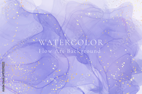 Violet lavender liquid watercolor marble background with golden lines. Pastel purple periwinkle alcohol ink drawing effect. Vector illustration design template for wedding invitation, menu, rsvp