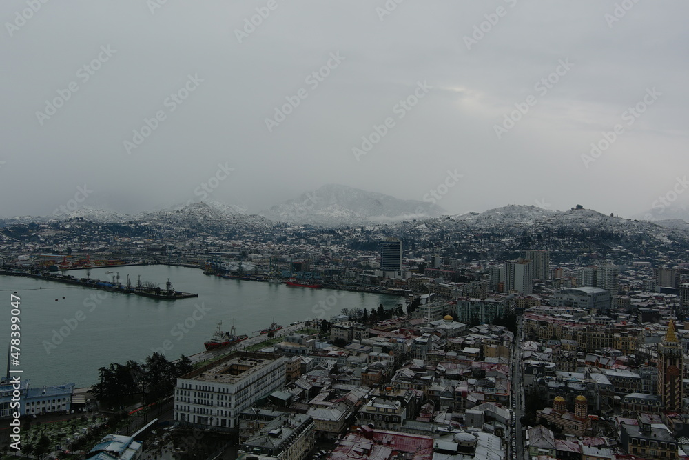 Batumi city after snowfall, aerial view