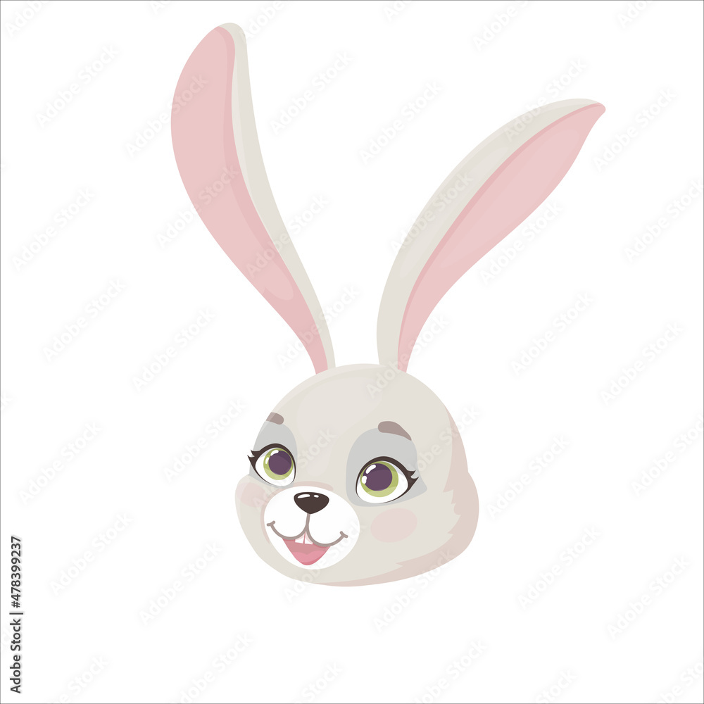 Obraz premium Muzzle of a Cute rabbit in a cartoon style. Emotions in animals. Vector illustration isolated on white background.