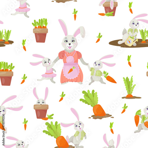 Gray rabbits. Carrot and rabbit pattern. Cute childish print of vegetables and animals. Vector illustration.