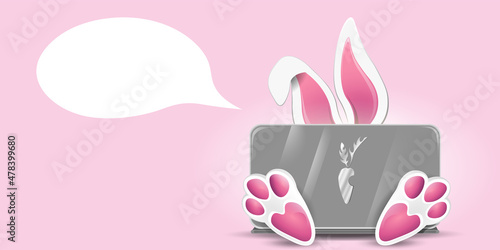 Cute rabbit behind laptop