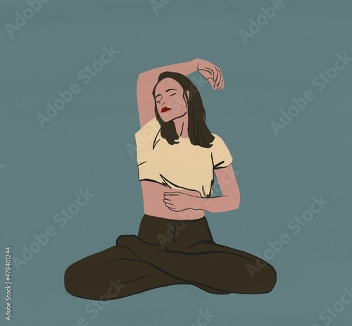 Fototapeta Naklejka Na Ścianę i Meble -  Young girl posing in lotus yoga pose. Fashion, sports illustration