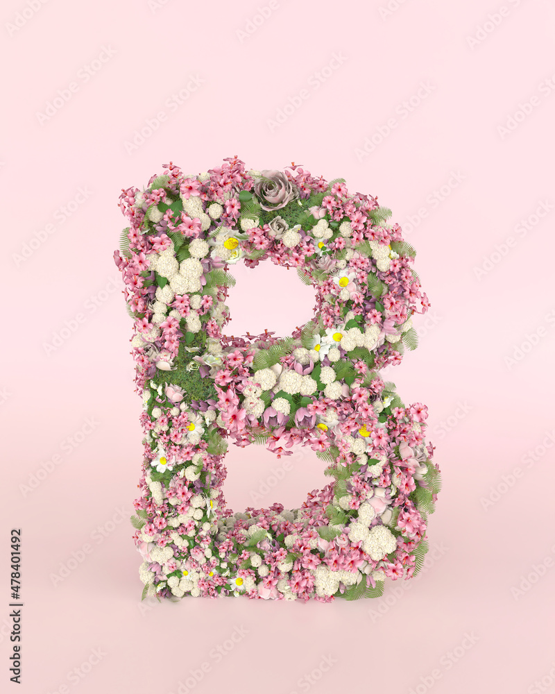 Creative letter B concept made of frash Spring wedding flowers. Flower font concept on pastel pink background.