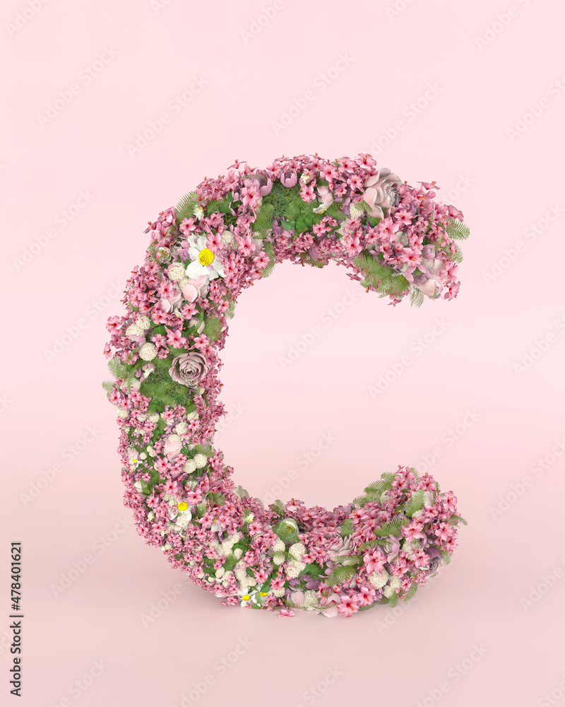 Creative letter Cconcept made of frash Spring wedding flowers. Flower font concept on pastel pink background.