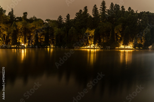 Lago Negro lake with fog, lights and reflection