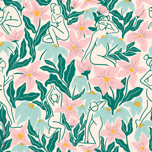 Floral pattern with hand-drawn sketches of women in different poses doing sports. Femininity  health and beauty concept