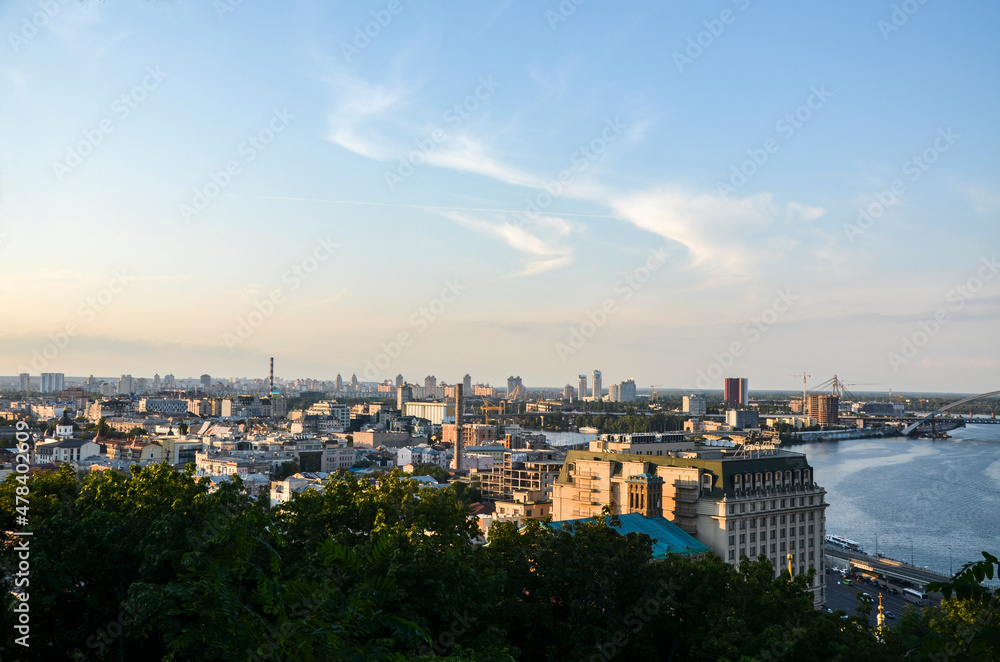 Panoramic view of the Dnipro River right bank and  one of the oldest neighborhoods Kyiv, Podil district. Historical part of the capital of Ukraine
