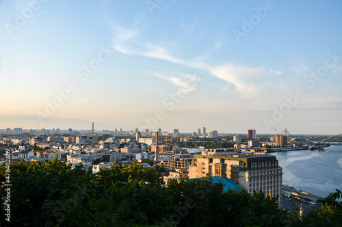 Panoramic view of the Dnipro River right bank and one of the oldest neighborhoods Kyiv, Podil district. Historical part of the capital of Ukraine