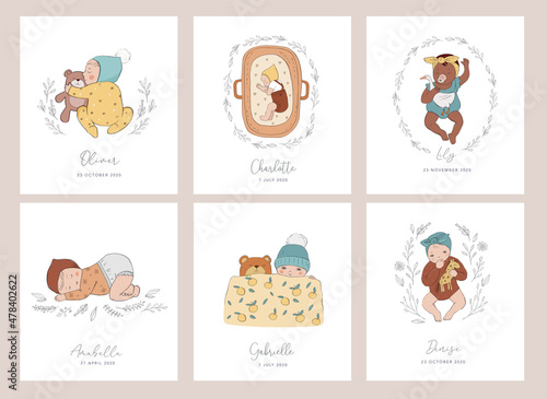 Trendy baby and children cards, baby shower invites, birth announcement. Vintage style. Vector illustrations