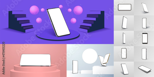 Realistic phone mockup. Smartphone blank screen, phone mockup. Blank smartphone screen on round podium with cube stages. Podium in abstract blue, purple, pink composition. Vector illustration