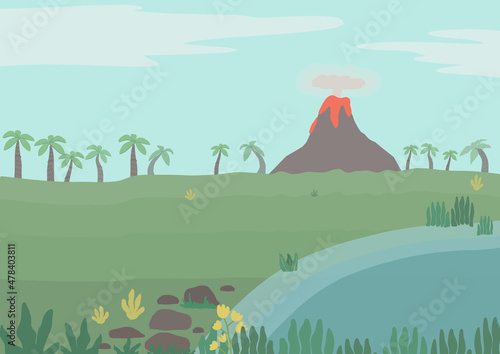 Cartoon childish landscape with palms, volcano, flowers, plants. Flat jurassic, tropic scene for stickers, game or web design. Vector illustration photo