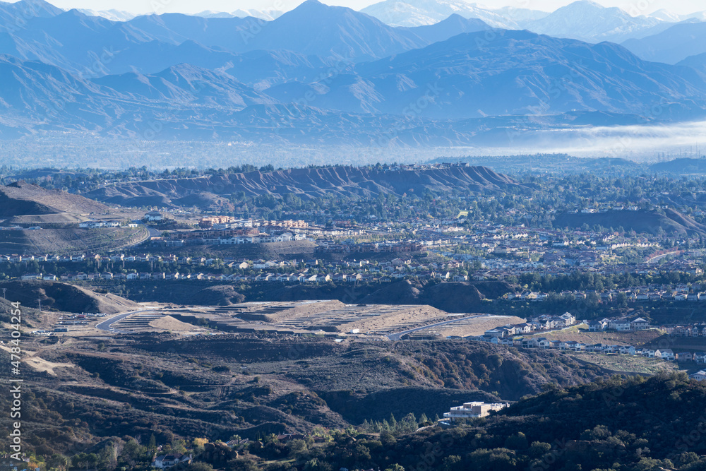 Mountain view of the Porter Ranch neighborhood in the San Fernando Valley area of Los Angeles, California.