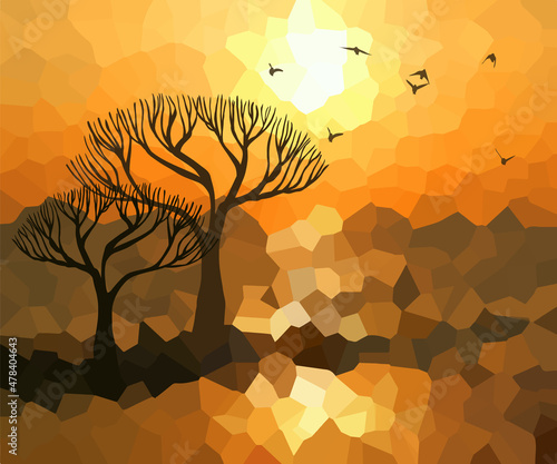 Sunset trees and birds. Abstract vector illustration