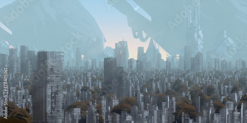 Urban skyline. Downtown area. City panorama. Colorful artistic scenery. Digital art.