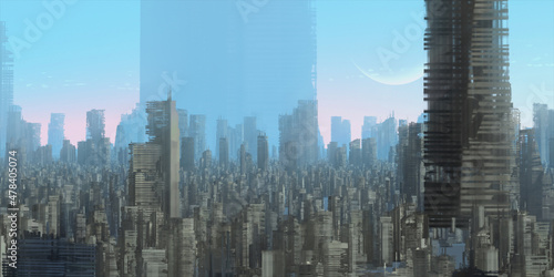 Urban skyline. Downtown area. City panorama. Colorful artistic scenery. Digital art.