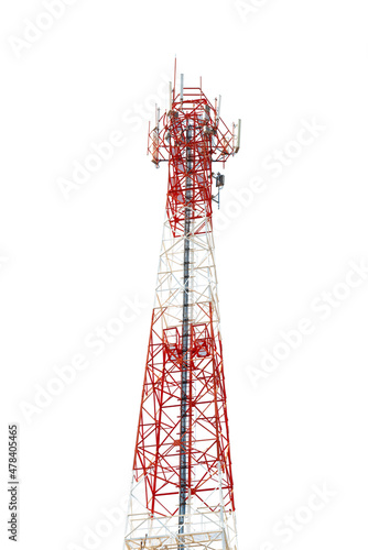 Telecommunications antennas, telecommunications tower or telephone pole a long distance,Mobile network or 4g 5g telecommunications, isolated on white background.