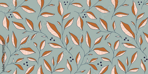 Seamless pattern with doodle colorful leaves. Vector floral background with stylized tree branches.