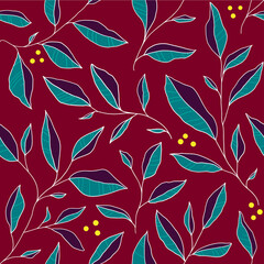 Wandcirkels Bordeaux patronen Kleurrijke doodle bladeren takken patroon  © Oleksandra