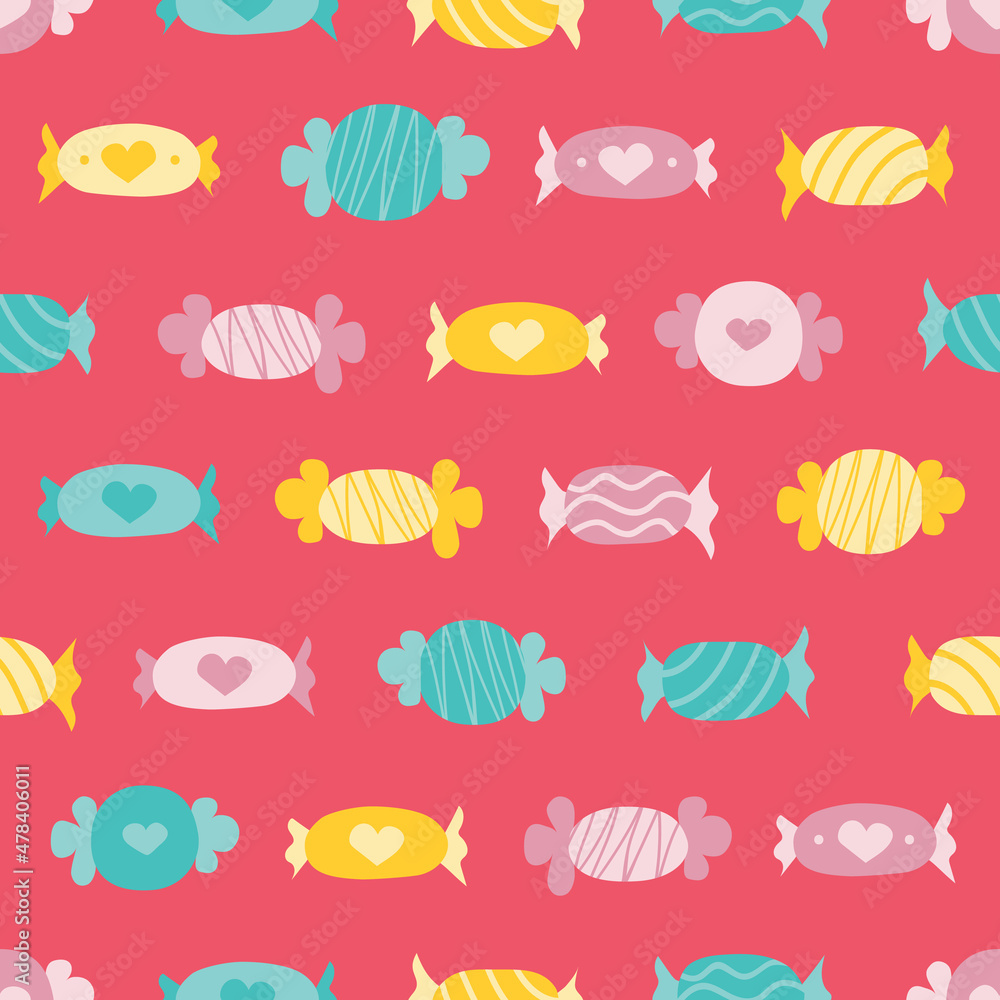 Pink, yellow and turquoise seamless pattern candies over pink background