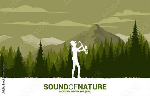 Vector silhouette of saxophonist with big tree. background concept for music for natural and spring time.