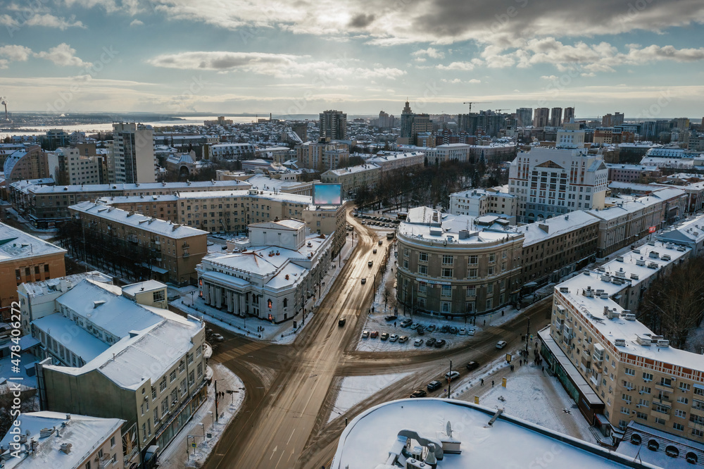 Winter Voronezh downtown cityscape aerial view from drone