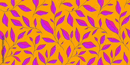 Seamless pattern with doodle colorful leaves. Vector floral background with stylized tree branches.