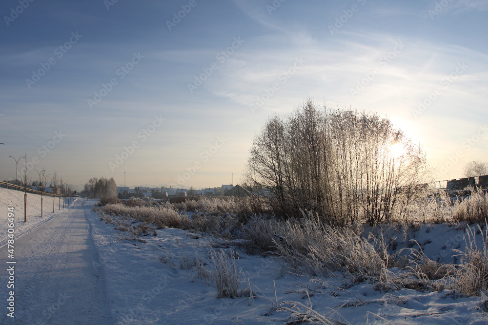 Winter landscape with snow, road and sun behind the trees Winter landscape with snow, road and sun behind the trees