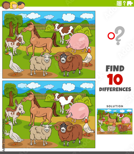 differences educational game with cartoon farm animals