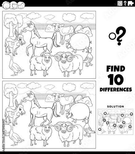 differences game with cartoon farm animals color book page