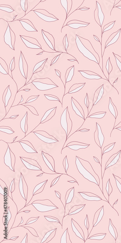 Seamless monochrome pattern with doodle leaves. Vector floral background with stylized tree branches.