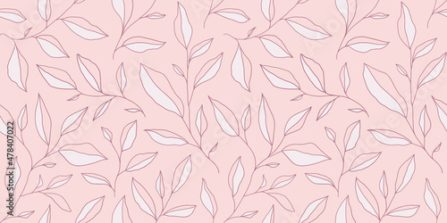 Seamless monochrome pattern with doodle leaves. Vector floral background with stylized tree branches.
