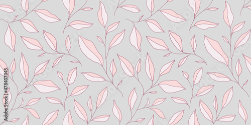 Seamless monochrome pattern with doodle leaves. Vector floral background with stylized tree branches.