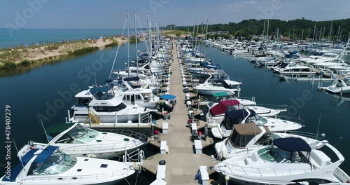 Aerial Shot of Lake Michigan Beach and Marina. Sail Boats, Sand, Pier, etc.