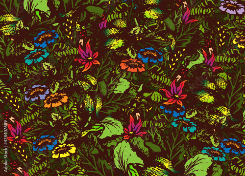 Forest, jungle, flower meadow, forest thicket with various plants. Sketch. Background, wallpaper. Vector illustration