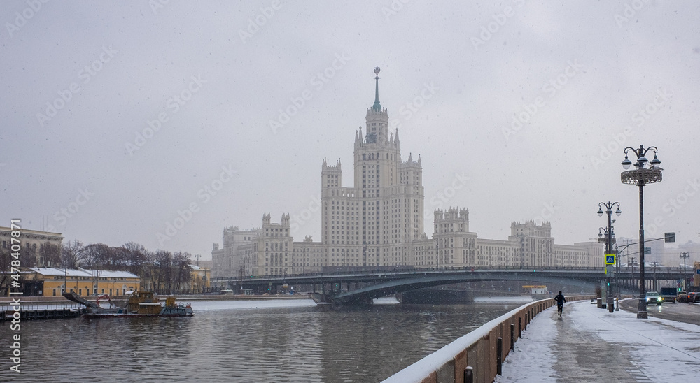December 5, 202, Moscow, Russia. View of the Stalinist skyscraper on Kotelnicheskaya embankment in Moscow in winter during a snowfall.