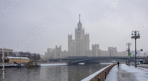 December 5, 202, Moscow, Russia. View of the Stalinist skyscraper on Kotelnicheskaya embankment in Moscow in winter during a snowfall.