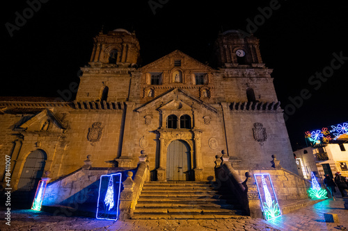 Boyacá, Colombia - 12/10/2021: Christmas lights at Pueblito Boyacense, small town decorated during pandemic with garlands
 photo