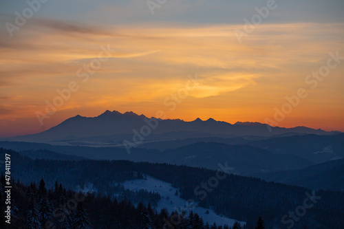 Panorama tatr, Tatry mountains, Tatry w zachodzącym słońcu  photo