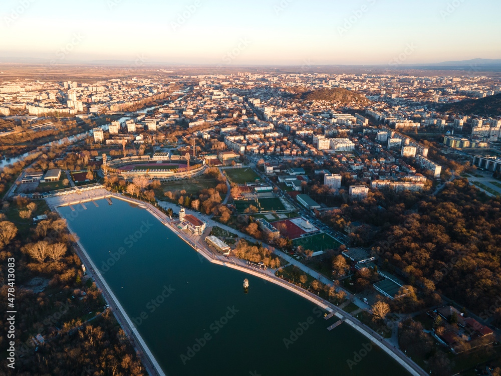 Aerial sunset view of Rowing Venue in Plovdiv, Bulgaria